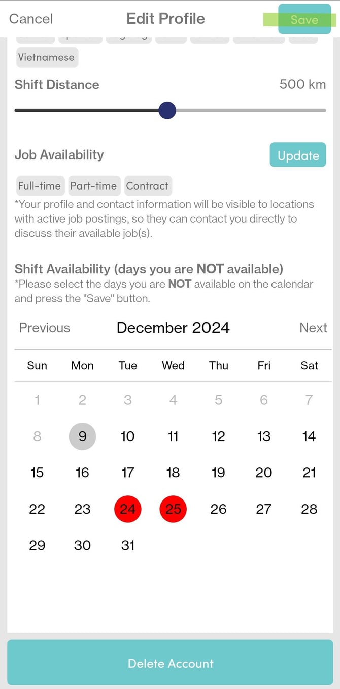 RB Mobile App - Profile Shift Availability Settings